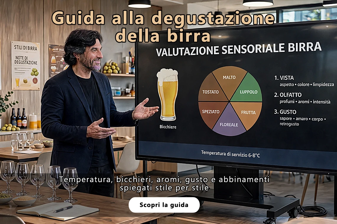 Esperto di birra spiega concetti davanti a uno schermo in una classe
