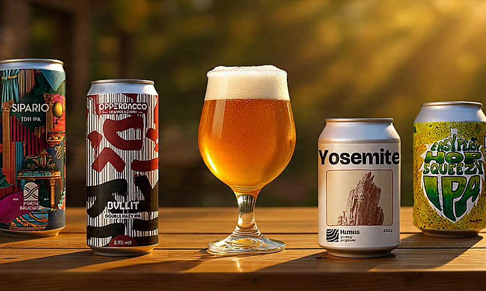 Selezione di birre IPA artigianali con bicchiere su tavolo in legno