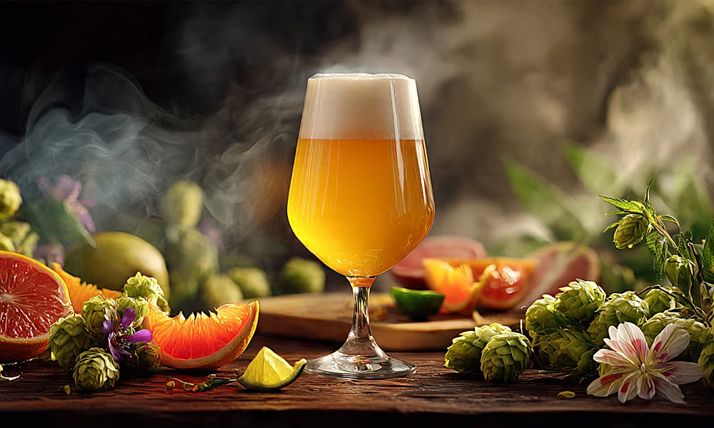 Bicchiere di birra IPA su un tavolo con frutti tropicali, luppolo e fiori: aromi e caratteristiche delle India Pale Ale