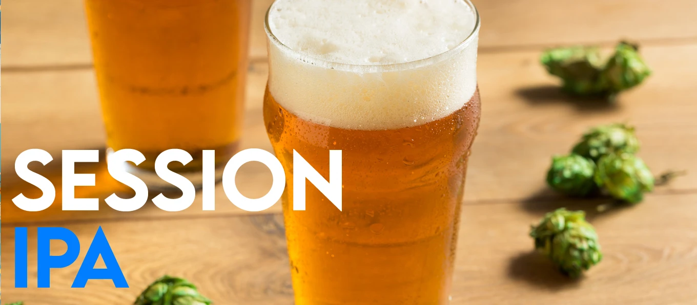 Session IPA significato e caratteristiche di uno stile birrario fondamentale per le birre artigianali | Topbeer Pinta di Session IPA su un tavolo con fiori di luppolo e scritta in primo piano