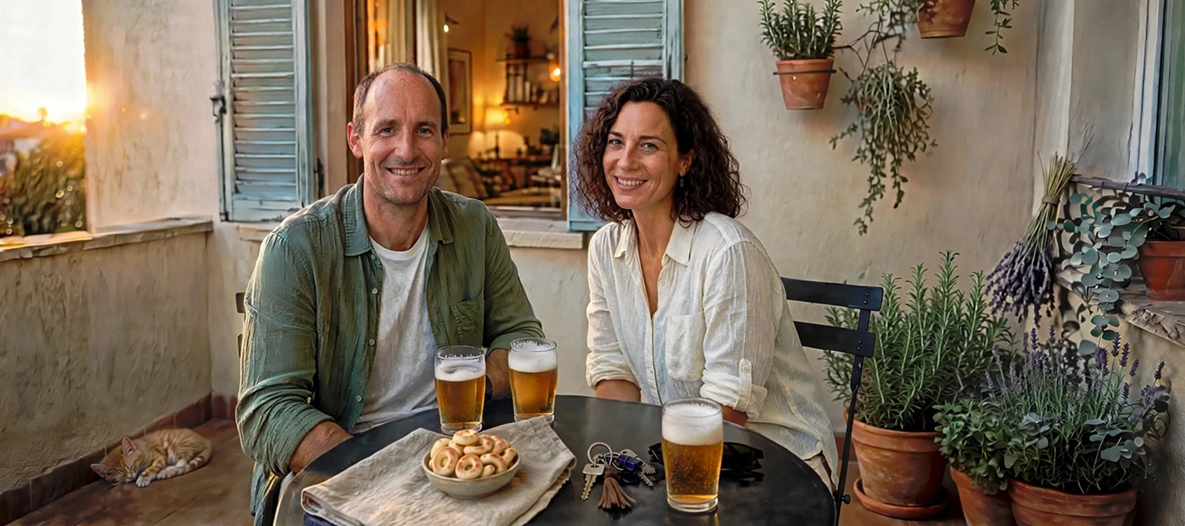 Uomo e donna seduti a un tavolo con bicchieri di birra al tramonto, un gattino dorme in un angolo, piante aromatiche.